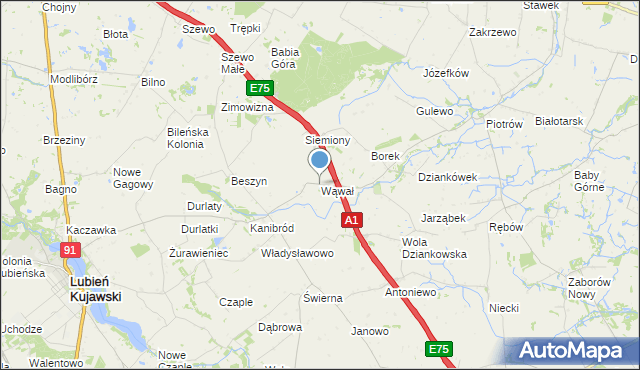 mapa Wąwał, Wąwał gmina Lubień Kujawski na mapie Targeo